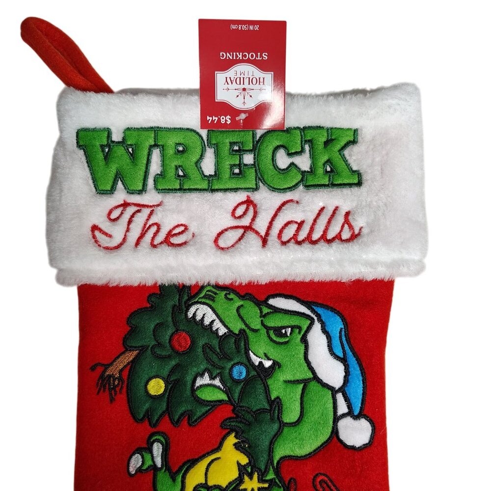 Holiday Time 20 inch Wreck The Halls Embroidered Dinosaur Christmas Stocking - Picture 3 of 4
